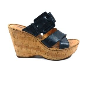 Born Leather Cork Wedge Sandals Size 8 39 Black Platform Comfort